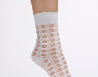 The Semi Sheer Gingham Socks | White and Clear | Half Cutout Invisible Thread Socks in White Plaid Grid Pattern | Goose Taffy