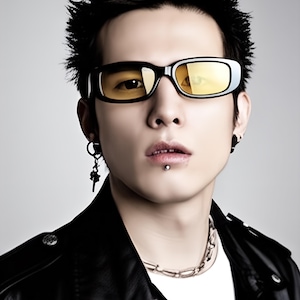 May include: A man with black hair and a black leather jacket is wearing yellow tinted sunglasses with a black frame. He has a silver chain necklace and a small silver stud in his lower lip.