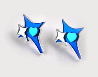 The Shining Sparkle Mirror Earrings | Blue and Silver | Super Reflective Acrylic Studs with Mirrored Finish Hearts and Stars | Goose Taffy