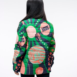 The Planetary Sun Beam Jacket A Psychedelic Design for the Intergalactic Quilted Zippered Jacket in Green and Red Artwork Goose Taffy image 2