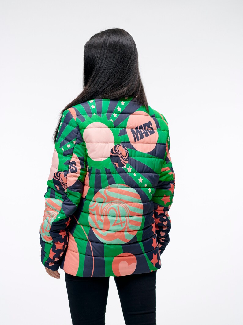 The Planetary Sun Beam Jacket A Psychedelic Design for the Intergalactic Quilted Zippered Jacket in Green and Red Artwork Goose Taffy image 2