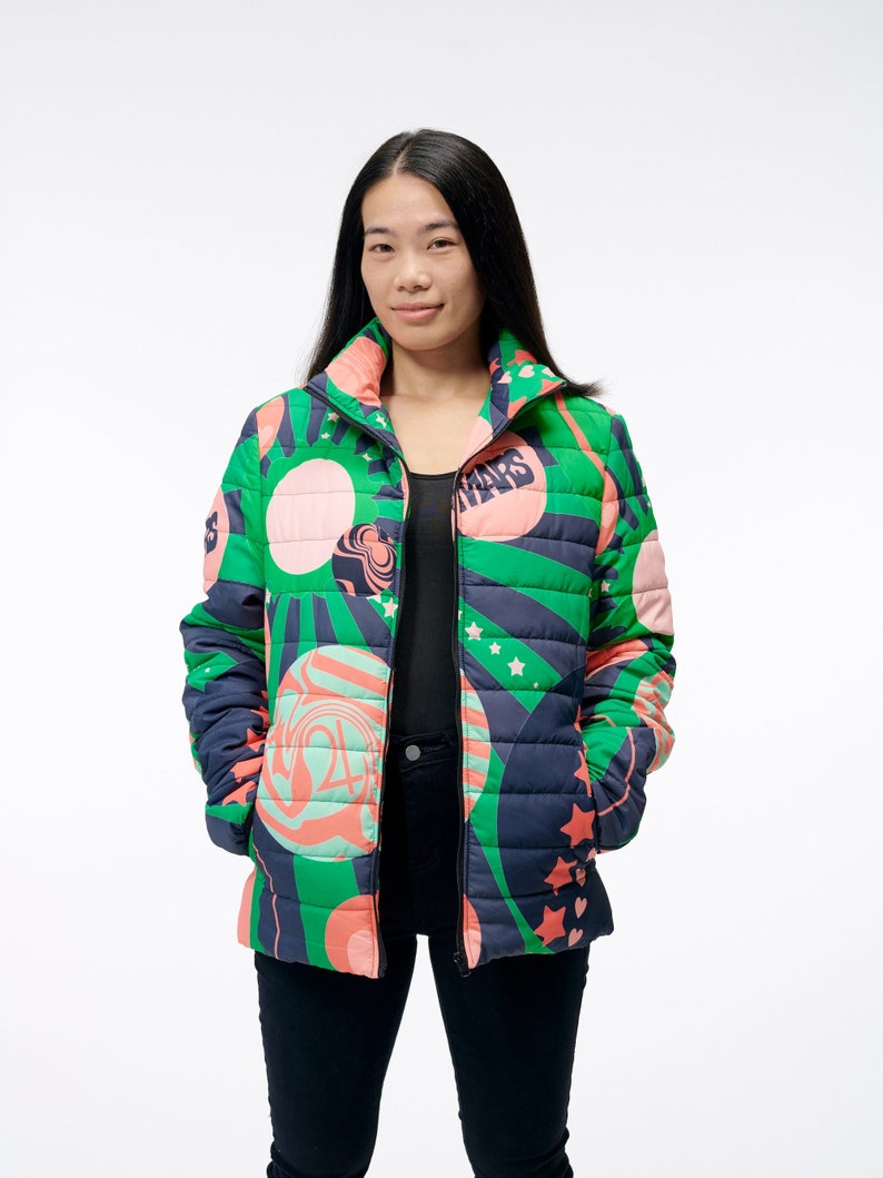 The Planetary Sun Beam Jacket A Psychedelic Design for the Intergalactic Quilted Zippered Jacket in Green and Red Artwork Goose Taffy image 1