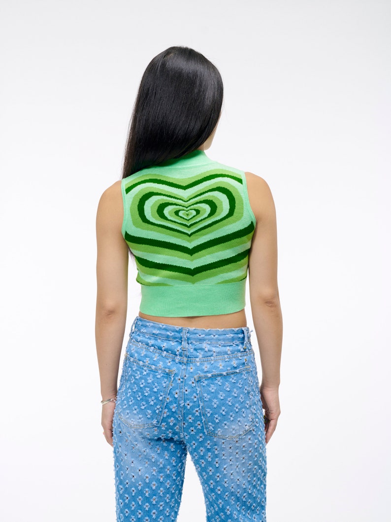 The Radiating Heart Sweater Vest A Super Cute Knit Tank Top Crop in Green Goose Taffy image 2
