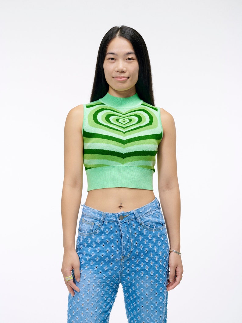 The Radiating Heart Sweater Vest A Super Cute Knit Tank Top Crop in Green Goose Taffy image 1