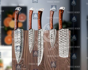 Three Horns Kitchen Knife set Damascus steel Chef Knives set, Chef knife set of 5 pcs with leather roll bag , Best Birthday Anniversary gift