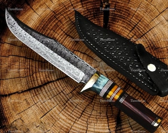 THREE HORN Damascus steel hunting knife| Handmade hunting Bush Craft knife| Damascus knife with sheath | Birthday & Anniversary Gift