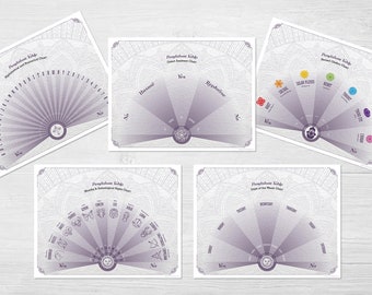 May include: Five printable pendulum charts with a purple and white color scheme. The charts include the alphabet, days of the week, zodiac signs, chakras, and elements. Each chart has a yes and no section.