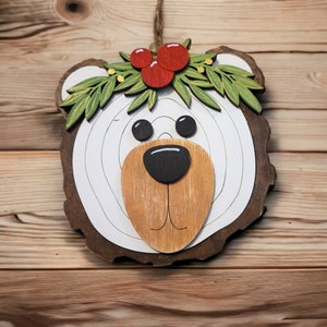 Christmas Ornament Wood Slice Polar Bear - Holiday Gift - Gift Giving - Family Tradition Ornament Exchange