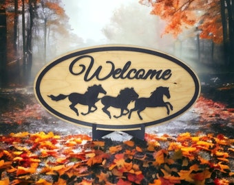 Rustic Welcome Sign with Galloping Horses for Home Decor or Equestrian Enthusiast with Stand or to Hang on Wall