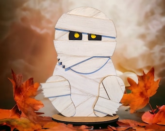 Halloween Decoration Mummy Shelf Sitter - Realistic Cute Mummy - Wood Halloween Gift for Hostess - Halloween Party Centerpiece