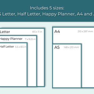 May include: Diagram showing five different paper sizes: Letter (8.5 x 11 inches), Half Letter (5.5 x 8.5 inches), Happy Planner (7 x 9.25 inches), A4 (210 x 297 mm), and A5 (148 x 210 mm).