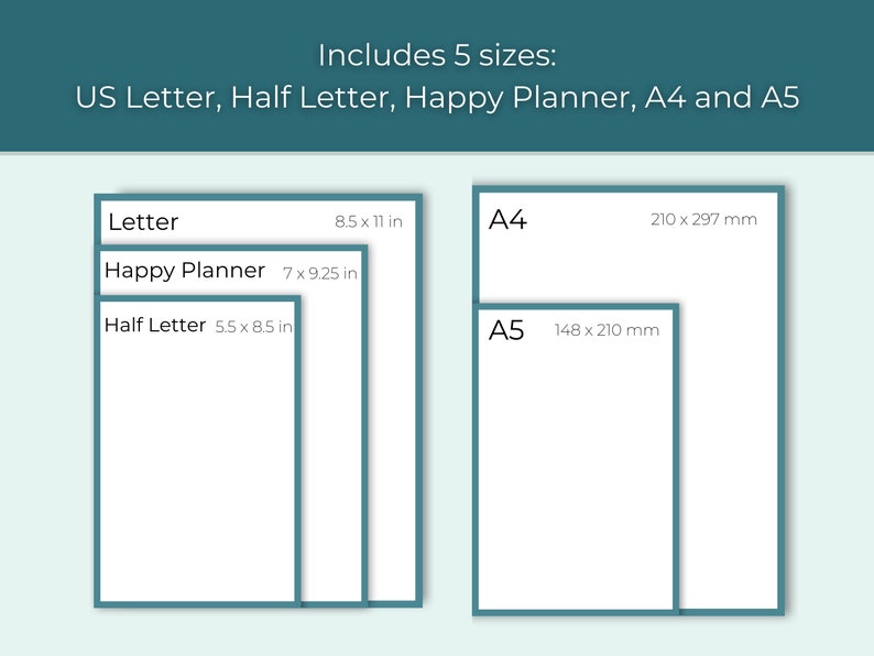 May include: Diagram showing five different paper sizes: Letter (8.5 x 11 inches), Half Letter (5.5 x 8.5 inches), Happy Planner (7 x 9.25 inches), A4 (210 x 297 mm), and A5 (148 x 210 mm).