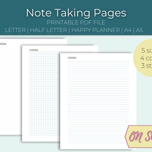 May include: Three printable note-taking pages in different styles: dotted, grid, and lined. The pages are labeled "notes" and are available in 5 sizes, 4 colors, and 3 styles. The text "ON SALE" is in a pink banner.