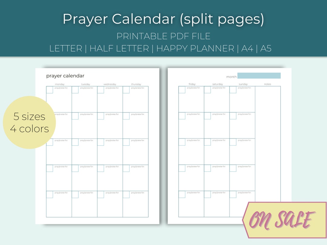 Prayer Calendar (2 Pages) | Prayer Planner, Monthly Calendar, Journal | Letter, Half Letter ...