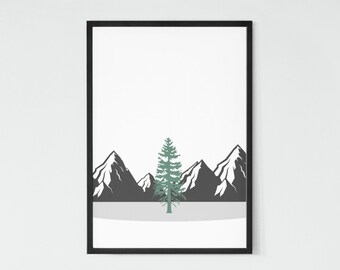 Górska sztuka ścienna Sage Green Pine Tree Wydrukuj Cyfrowe pobieranie Abstrakcyjne góry Dekoracja ścienna Nowoczesna czarno-biała sylwetka gór