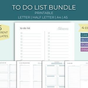 May include: Printable to-do list bundle with five different templates in four colors: green, blue, purple, and pink. The templates include a weekly to-do list, a to-do list with priorities, and a simple to-do list.