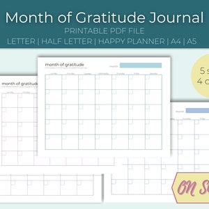 Calendario del Mes de gratitud / Diario de gratitud de reflexión / Carta, Media carta, Planificador feliz, A4, A5 / Calendario mensual PDF imprimible
