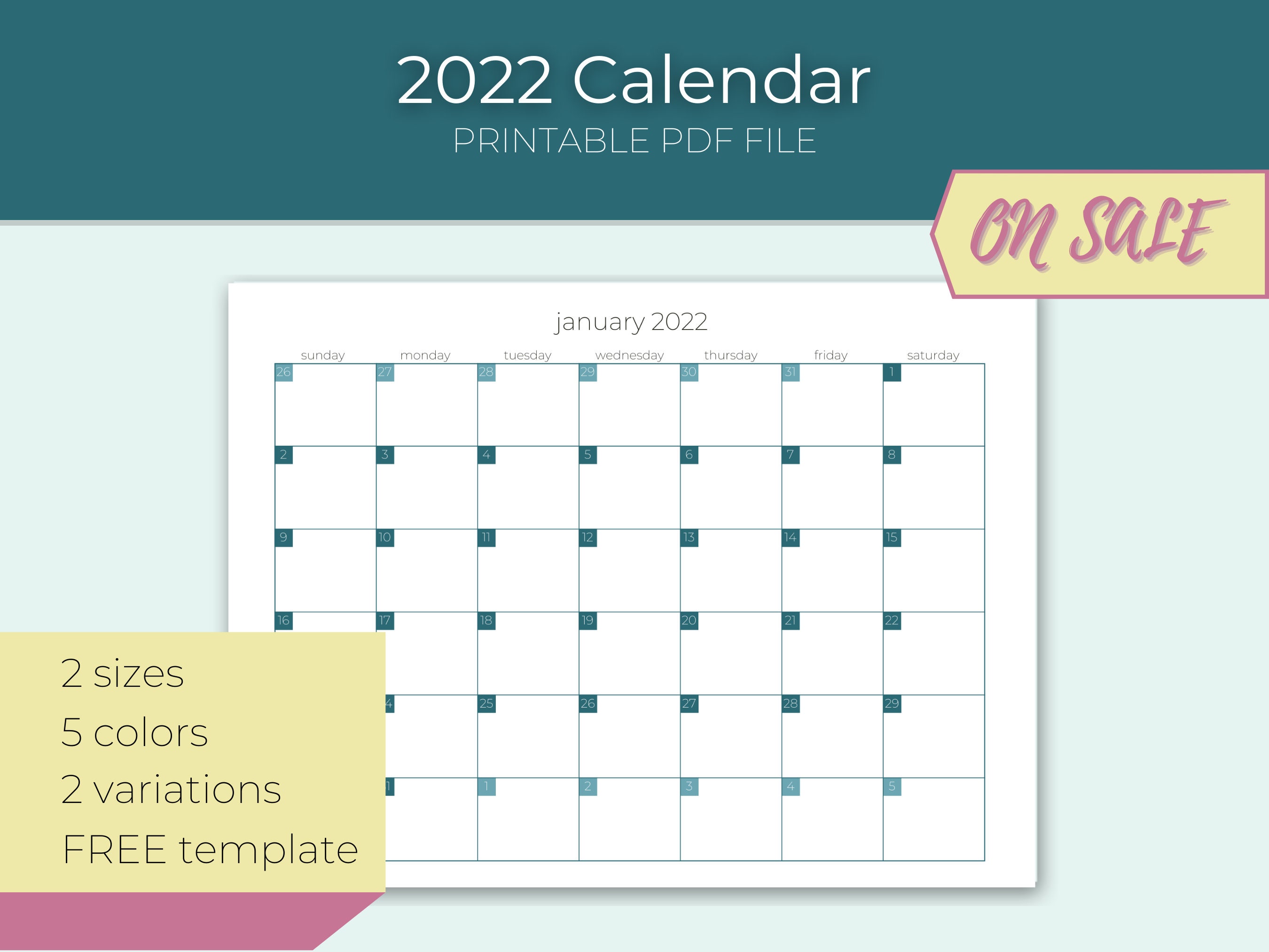 2022 calendar printable pdf blank calendar teal blue etsy