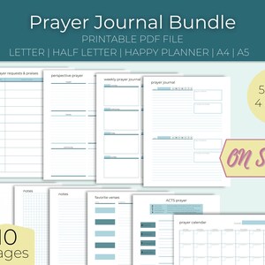May include: Printable prayer journal bundle in five sizes and four colors. The bundle includes pages for prayer requests, perspective prayer, weekly prayer journal, favorite verses, ACTS prayer, and a prayer calendar. The text "10 pages" and "On Sale" is visible in the image.