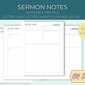 May include: Printable sermon notes template in PDF format. The template is available in five sizes: Letter, Half Letter, Happy Planner, A4, and A5. The template is also available in four colors. The template features a title bar, main points section, detailed explanation section, and notes section. The template is on sale.