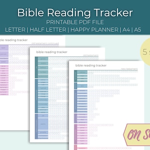 May include: Printable Bible Reading Tracker in PDF format. Includes Letter, Half Letter, Happy Planner, A4, and A5 sizes. The design features a grid layout for tracking Bible verses, with text that reads "Bible Reading Tracker" and "On Sale."