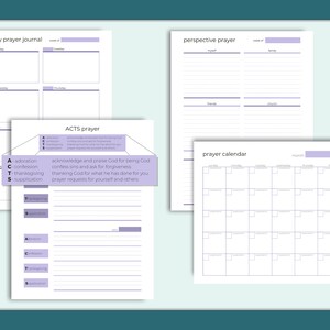 May include: Printable prayer journal pages with a weekly prayer journal, perspective prayer, ACTS prayer, and a prayer calendar. The pages are white with purple lines and text.