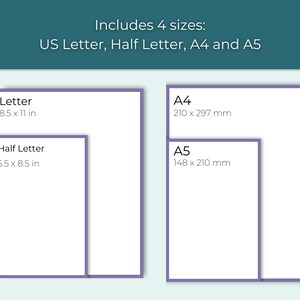 May include: Diagram showing four different paper sizes: Letter (8.5 x 11 inches), Half Letter (5.5 x 8.5 inches), A4 (210 x 297 mm), and A5 (148 x 210 mm).