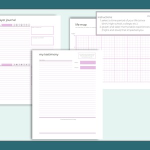 May include: A printable prayer journal with sections for prayer requests, a life map, and a personal testimony. The life map section includes instructions to select a time period of life and graph memorable experiences, highs and lows, that impacted you. An example of a life map is shown with a line graph.