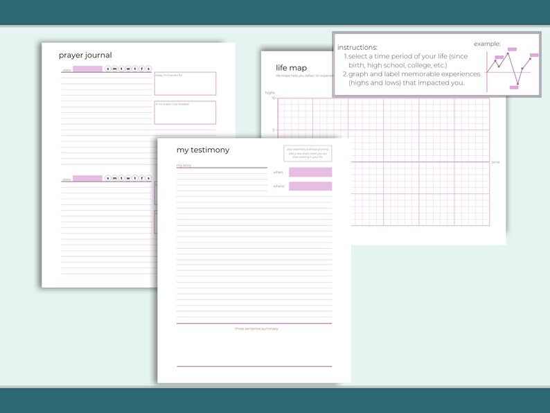 May include: A printable prayer journal with sections for prayer requests, a life map, and a personal testimony. The life map section includes instructions to select a time period of life and graph memorable experiences, highs and lows, that impacted you. An example of a life map is shown with a line graph.