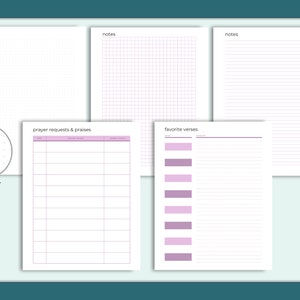 May include: Printable planner pages with sections for notes, prayer requests and praises, favorite verses, and bullet journal notes. The pages have a light pink and gray color scheme.