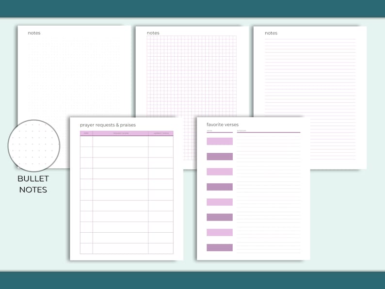 May include: Printable planner pages with sections for notes, prayer requests and praises, favorite verses, and bullet journal notes. The pages have a light pink and gray color scheme.