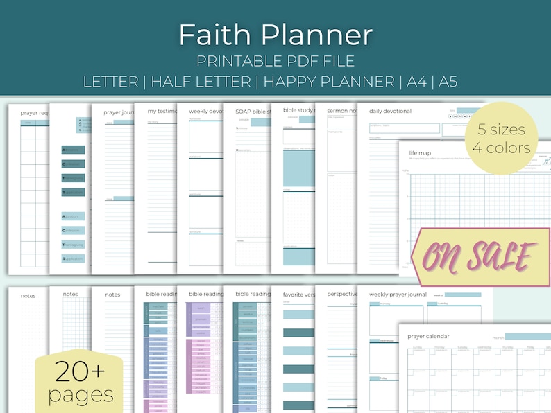 May include: A printable faith planner with 20+ pages, available in 5 sizes and 4 colors. The planner includes sections for prayer requests, bible study, sermon notes, daily devotional, and more.