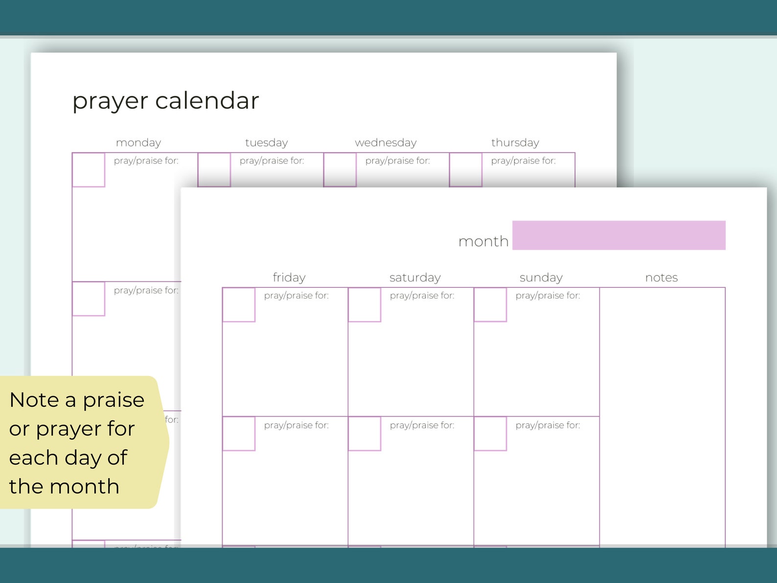 Prayer Calendar (2 Pages) | Prayer Planner, Monthly Calendar, Journal | Letter, Half Letter ...