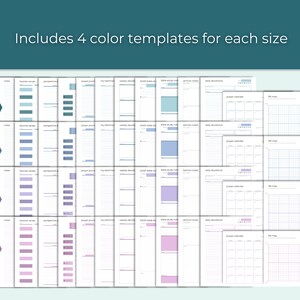 May include: Four different color templates for printable planner pages. The pages include sections for notes, favorite verses, daily schedule, weekly overview, study notes, daily downloads, project calendar, and a daily mood tracker.