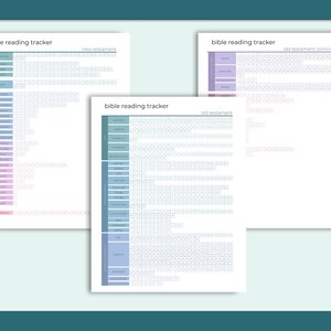 May include: Three printable Bible reading tracker sheets. The sheets are divided into sections for the Old Testament, New Testament, and Old Testament continued. Each section has a grid with spaces for each day of the year. The sheets are in shades of blue, purple, and pink.