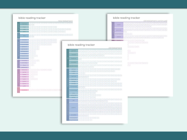 May include: Three printable Bible reading tracker sheets. The sheets are divided into sections for the Old Testament, New Testament, and Old Testament continued. Each section has a grid with spaces for each day of the year. The sheets are in shades of blue, purple, and pink.