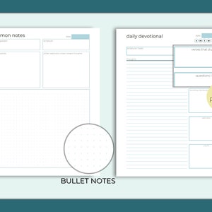 May include: A printable digital planner page with two sections: sermon notes and daily devotional. The sermon notes section has fields for date, speaker, scripture, main points, and notes. The daily devotional section has fields for scripture, thoughts, verses that stuck out, and questions. Both sections have a dotted bullet journal style grid.
