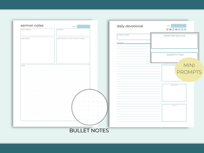 May include: A printable digital planner page with two sections: sermon notes and daily devotional. The sermon notes section has fields for date, speaker, scripture, main points, and notes. The daily devotional section has fields for scripture, thoughts, verses that stuck out, and questions. Both sections have a dotted bullet journal style grid.