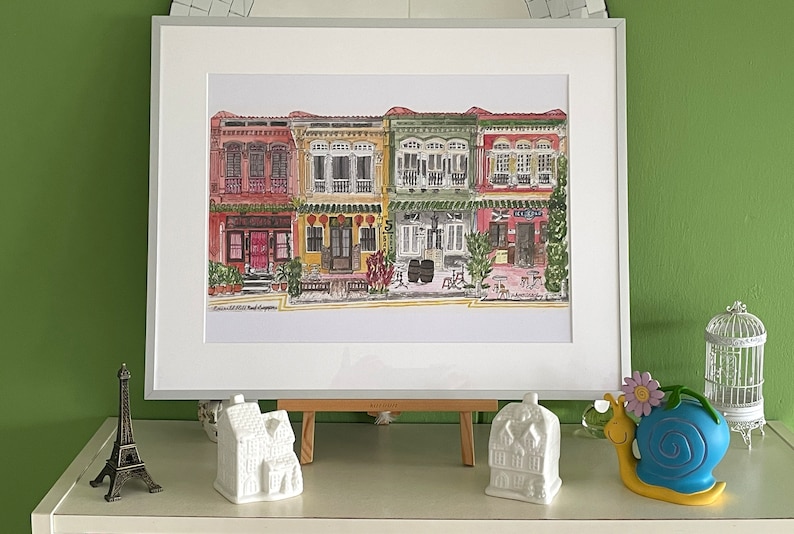 A popular row of four Emerald Hill Conserved Shophouses in Singapore A3 Print in a beautiful 40x50 cm frame or A3 size un-framed. image 2