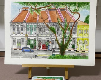 A3 Print of Blair Road Conserved Shophouses Watercolour Sketch