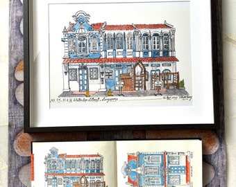 Waterloo Street Sg - 3 conserved shophouses. A3 Print of my Watercolour Sketch from a sketchbook (A4 also available)