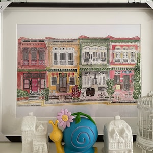 A popular row of four Emerald Hill Conserved Shophouses in Singapore A3 Print in a beautiful 40x50 cm frame or A3 size un-framed. image 3