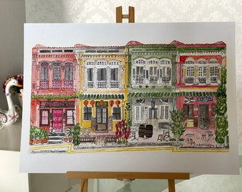 A popular row of four Emerald Hill Conserved Shophouses in Singapore - A3 Print in a beautiful 40x50 cm frame or A3 size un-framed.