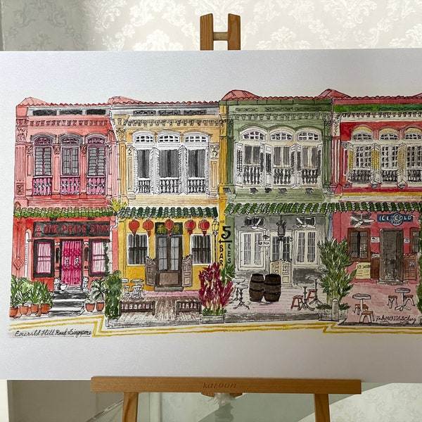 A popular row of four Emerald Hill Conserved Shophouses in Singapore - A3 Print in a beautiful 40x50 cm frame or A3 size un-framed.