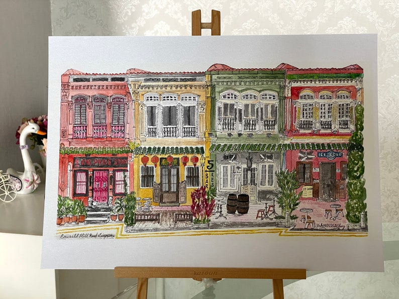 A popular row of four Emerald Hill Conserved Shophouses in Singapore A3 Print in a beautiful 40x50 cm frame or A3 size un-framed. image 1