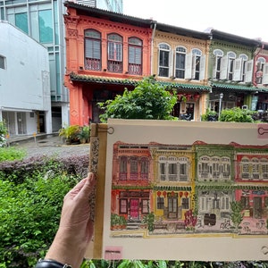 A popular row of four Emerald Hill Conserved Shophouses in Singapore A3 Print in a beautiful 40x50 cm frame or A3 size un-framed. image 4