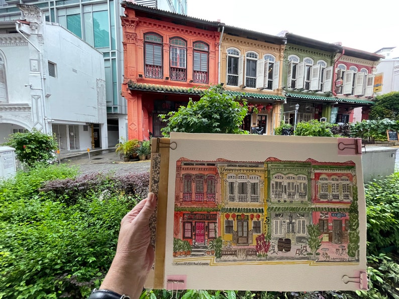 A popular row of four Emerald Hill Conserved Shophouses in Singapore A3 Print in a beautiful 40x50 cm frame or A3 size un-framed. image 4