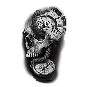 May include: A black and white tattoo design featuring a skull with a rope wrapped around it, a broken clock face, and a compass.