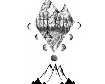 Temporary tattoo mountain dotwork fine line