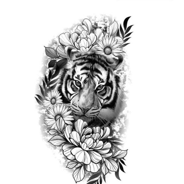 Tatouage tigre + fleurs réaliste